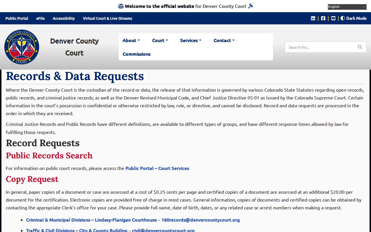 Denver County Court CCJRA record request instructions and fee details