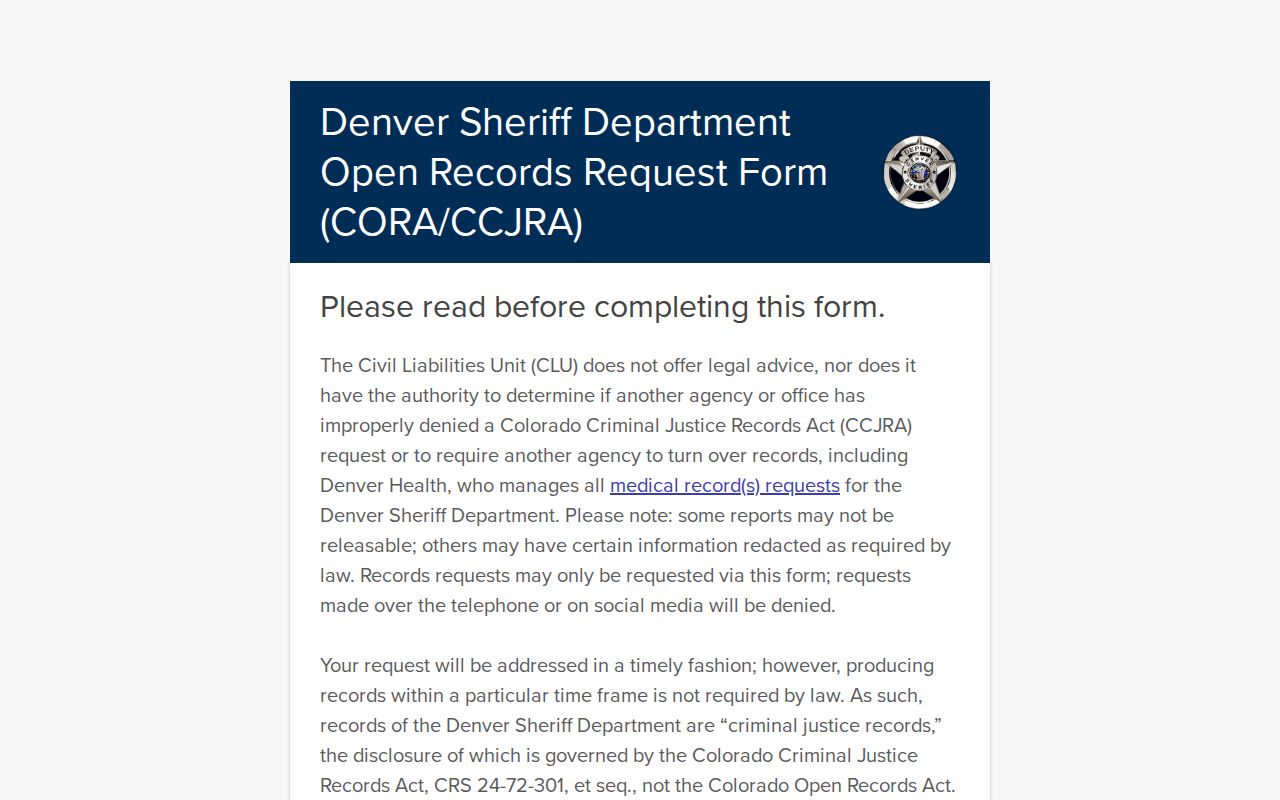 Blank Denver Sheriff electronic public record request form