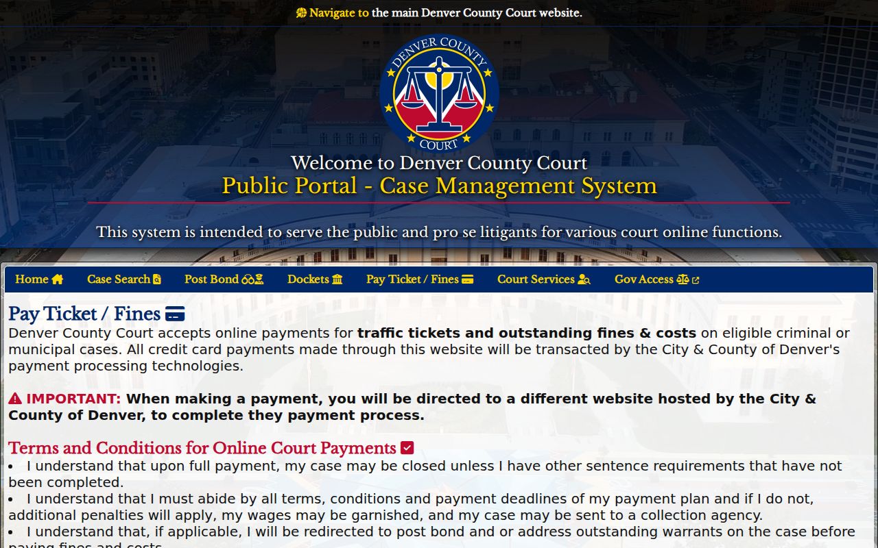 Denver County Court payment interface with outstanding warrant and bond warning