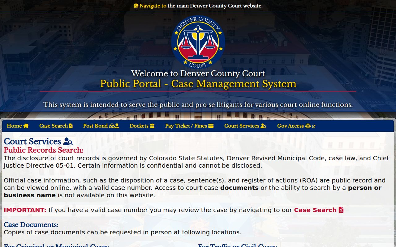 Denver County Court services page with clerk and record access routes