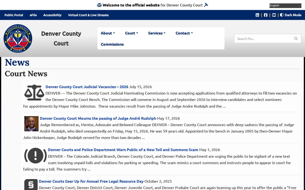 Denver County Court news page with current service and scam notices