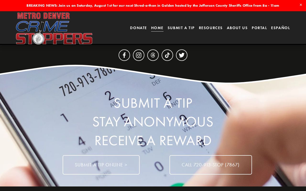 Metro Denver Crime Stoppers official program and anonymous tip banner