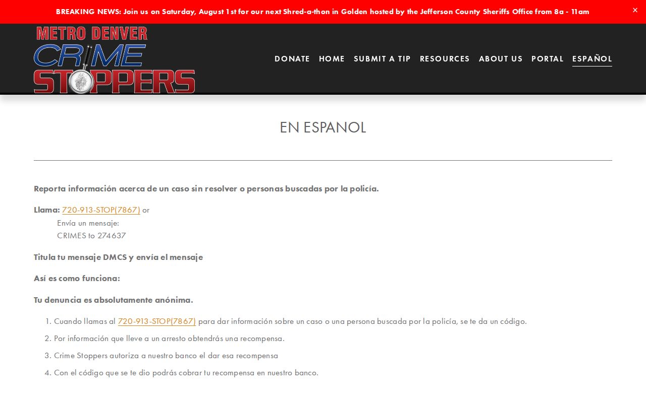 Spanish-language Metro Denver Crime Stoppers program instructions