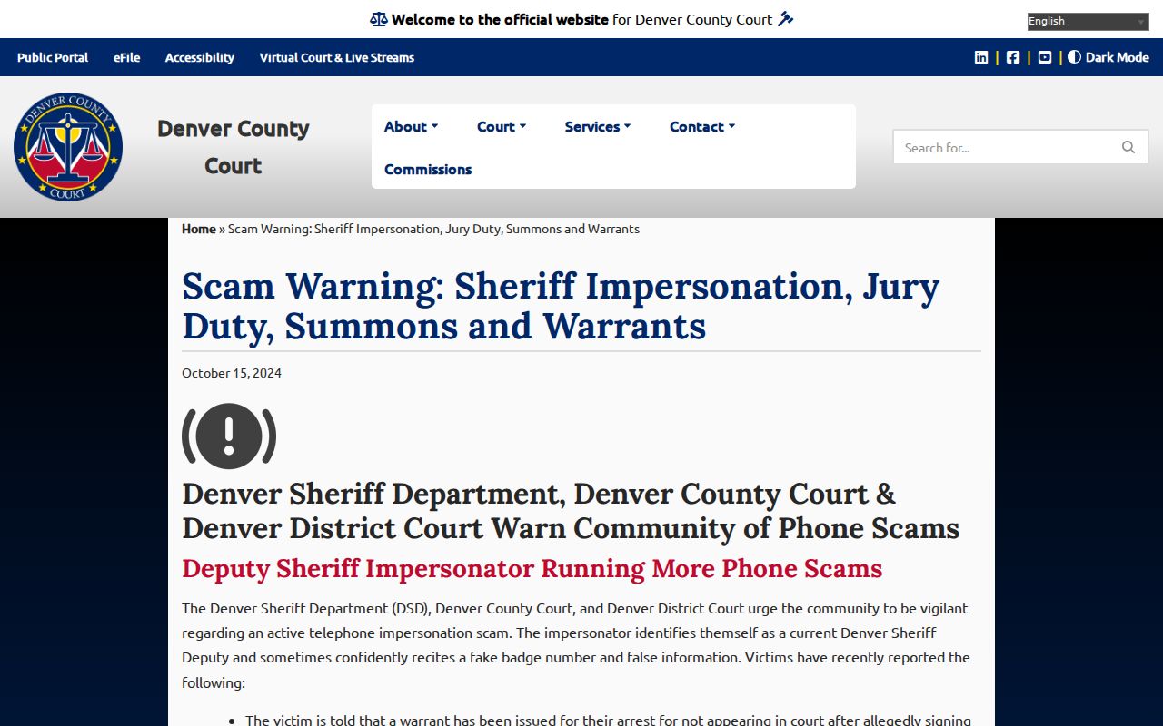 Denver County Court official warning about warrant payment scams
